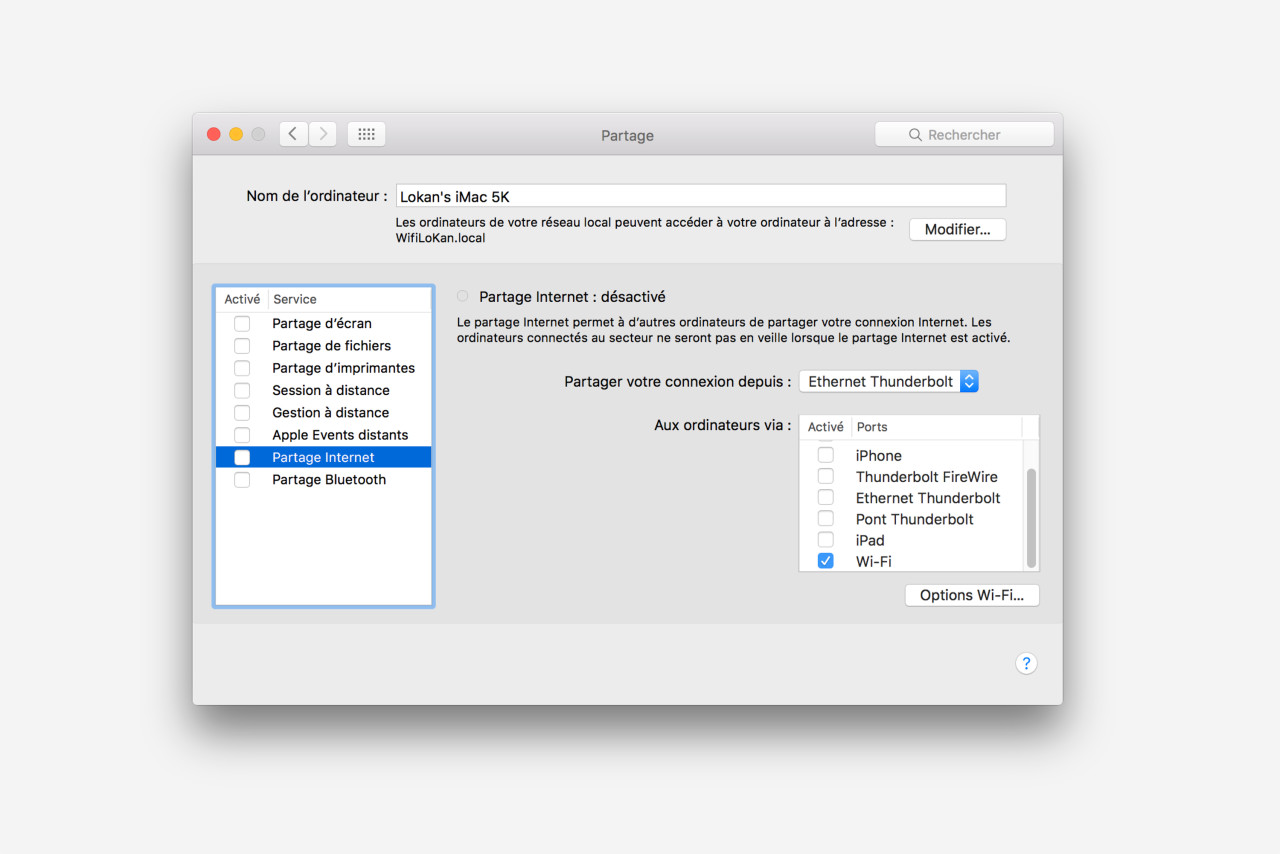 Configurer partage internet Mac