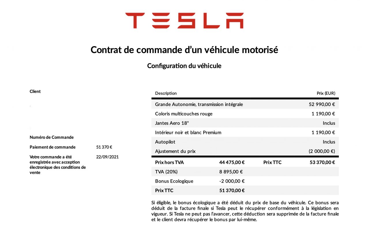 bon de commande modifie tesla model 3