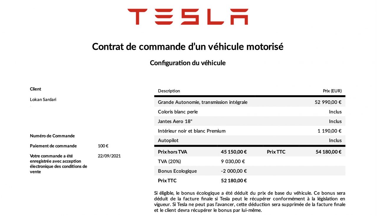 bon de commande original tesla model 3