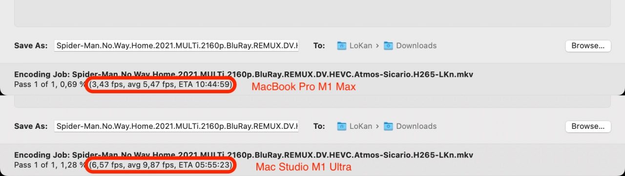 Handbrake M1 Max vs M1 Ultra