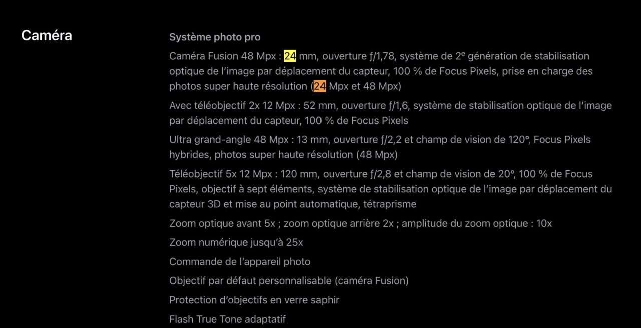 iPhone 16 pro 24 Mpixels