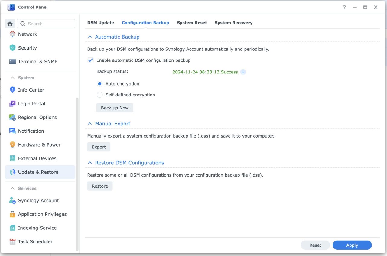 sauvegarde synology configuration