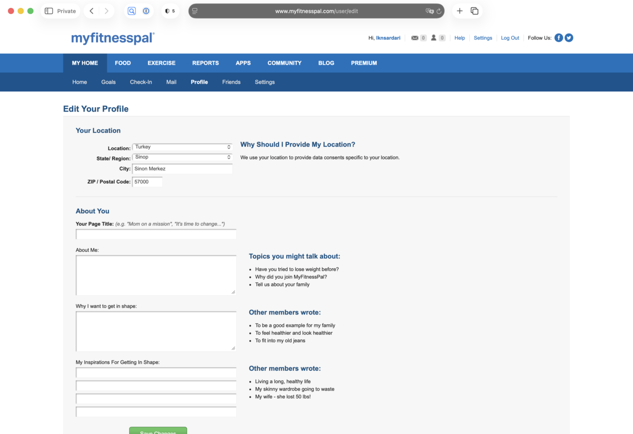 myfitnesspal localisation turquie