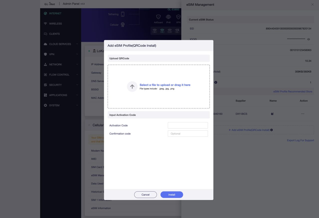 GLiNet Mudi 7 eSIM manager GLiNet Mudi 7 eSIM manager