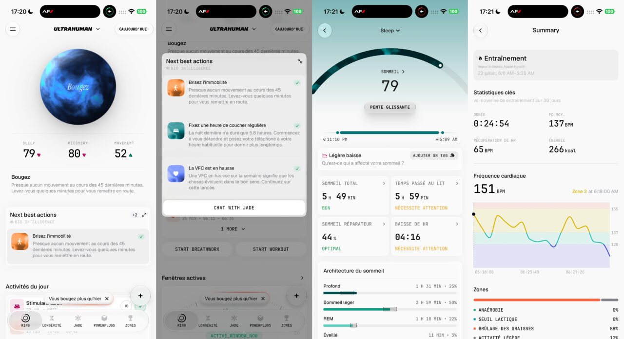 Ultrahuman Ring PRO nouvelle application La v4 de l'application Ultrahuman sur les écrans de sommeil, entrainement et les suggestions d'activité immédiate