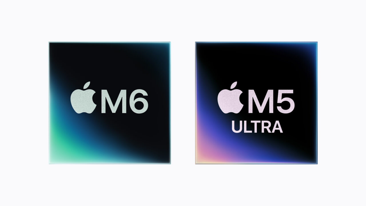Logos des puces Apple M6 et M5 Ultra côte à côte