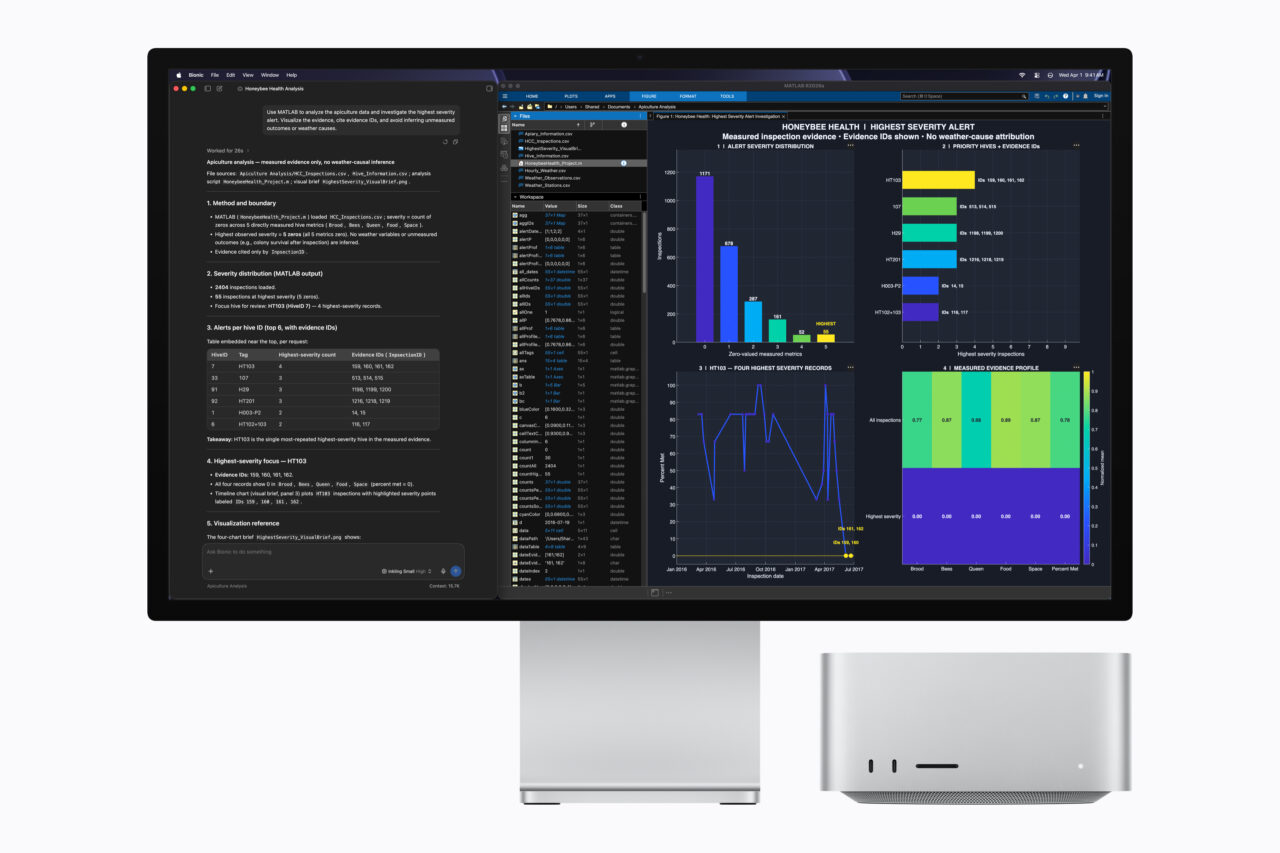 Mac Studio M5 Ultra à côté d'un écran affichant LM Studio Bionic et des graphiques dans MATLAB