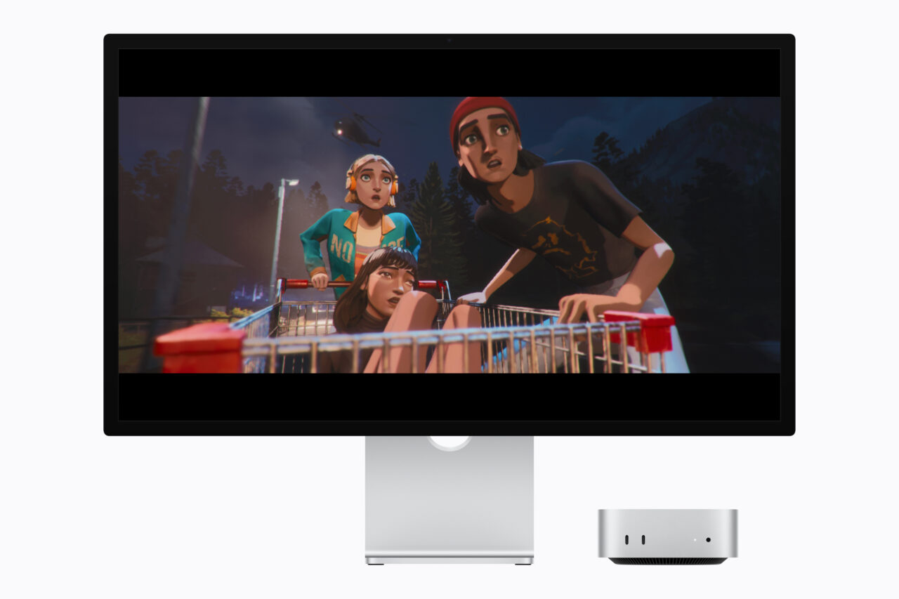 Mac mini M6 à côté d'un Studio Display affichant une scène du jeu Mixtape