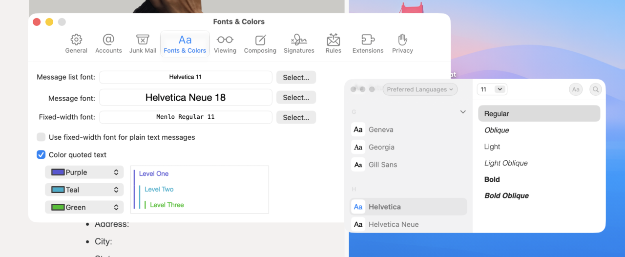 Apple Mail police interface Police Helvetica sélectionnée pour la liste des messages dans Apple Mail sous macOS Tahoe.