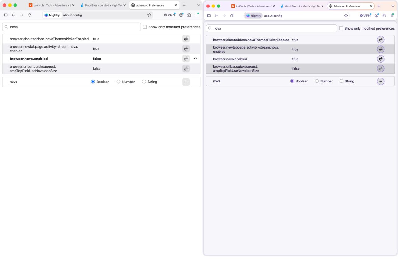 comparaison de Firefox Nightly avec Project Nova désactivé puis activé