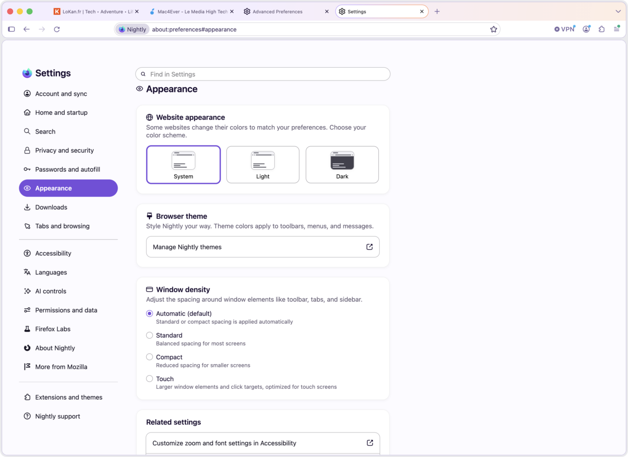 nouveaux réglages de Firefox avec les rubriques Apparence et Accessibilité