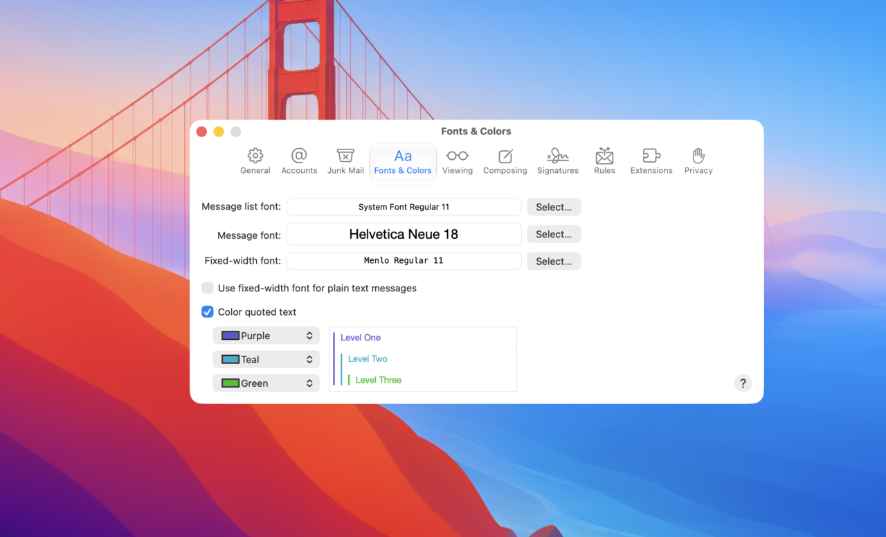 police par defaut mail mac Les préférences de l'application Apple Mail affiche les réglages par défaut