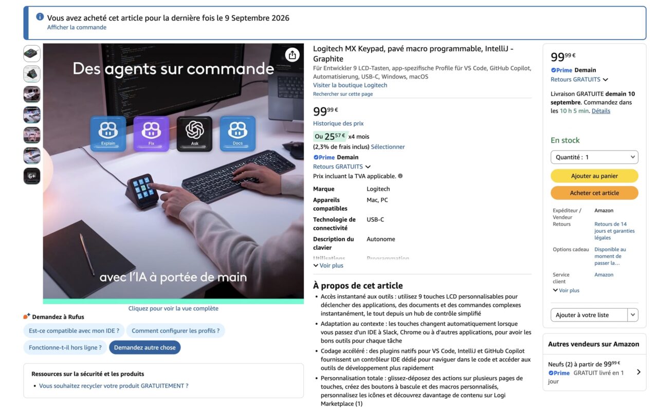 Page Amazon du Logitech MX Keypad graphite après ma commande