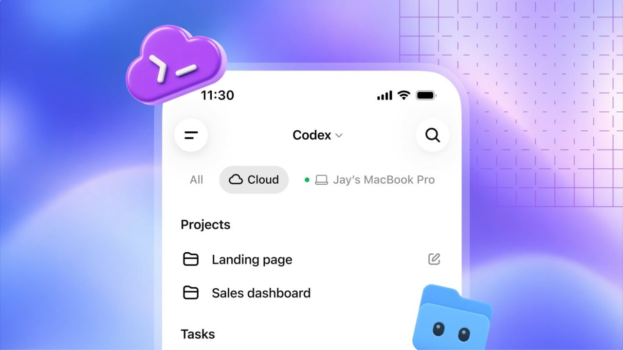 Interface mobile de Codex avec le filtre Cloud sélectionné et une liste de projets.