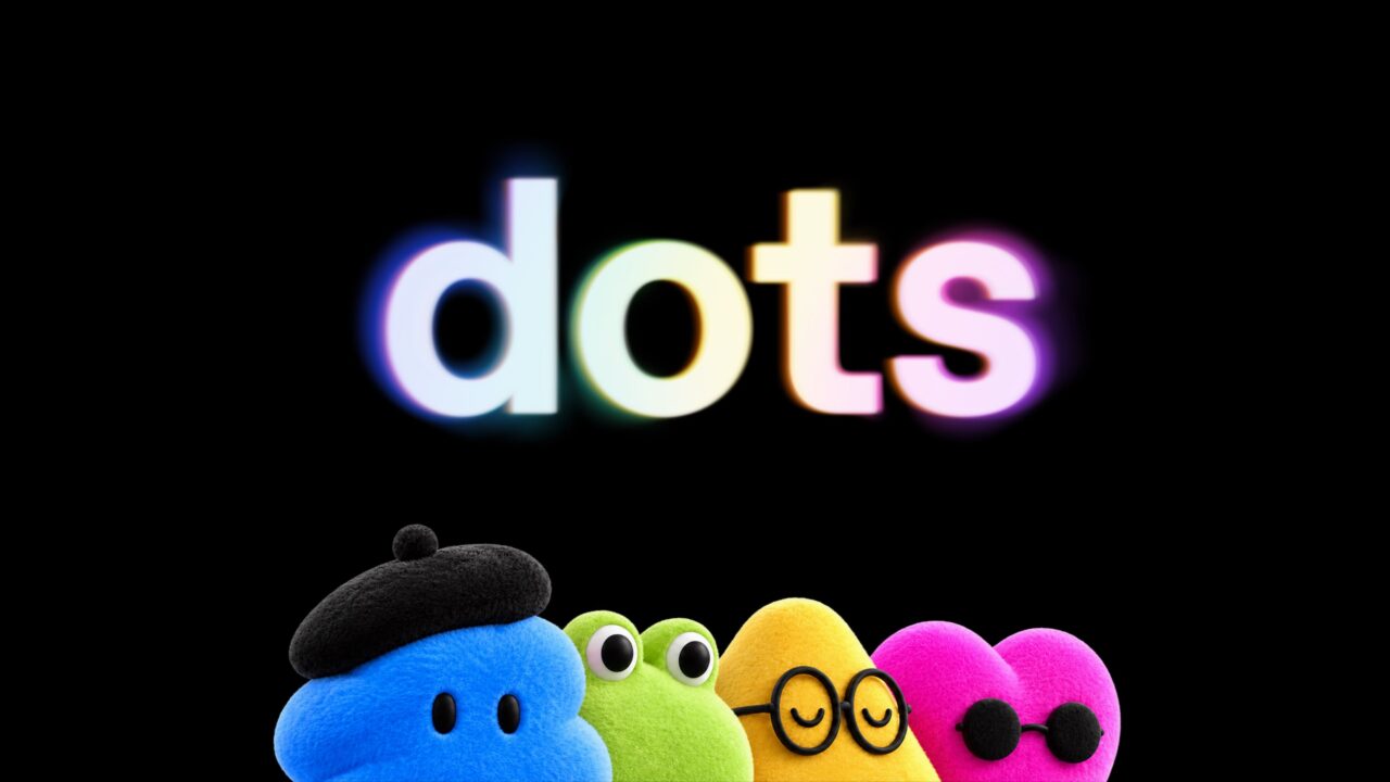 Logo dots aux lettres colorées sur fond noir, au-dessus de quatre mascottes.