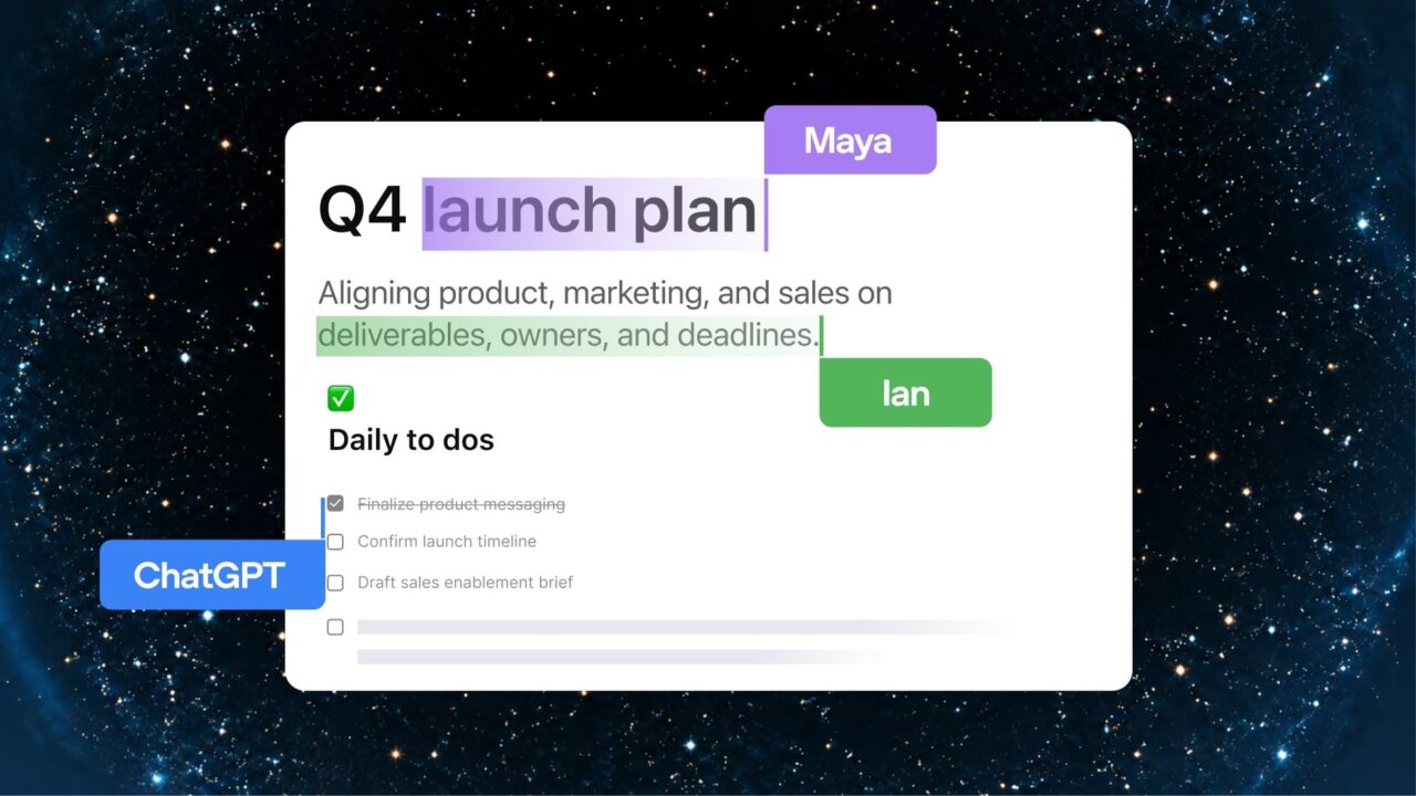 Document Pages partagé avec les curseurs de Maya, Ian et ChatGPT sur un plan de lancement.