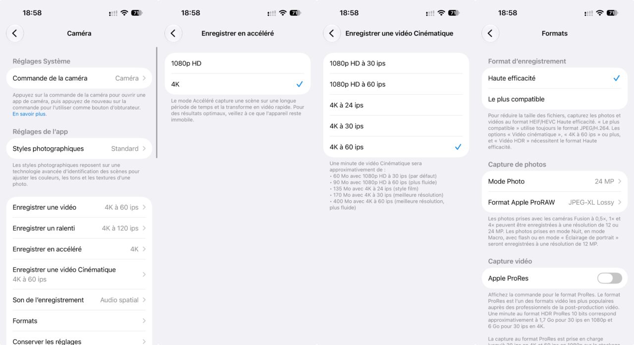 Réglages Caméra montrant l'accéléré en 4K et le mode Cinématique en 4K à 60 images par seconde