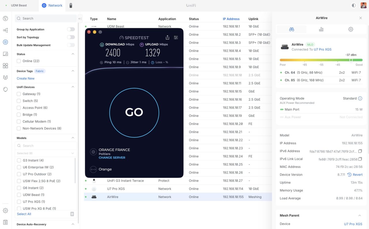 Speedtest du UniFi AirWire en mode Standard : 2 400 Mbit/s en réception et 1 329 Mbit/s en envoi.