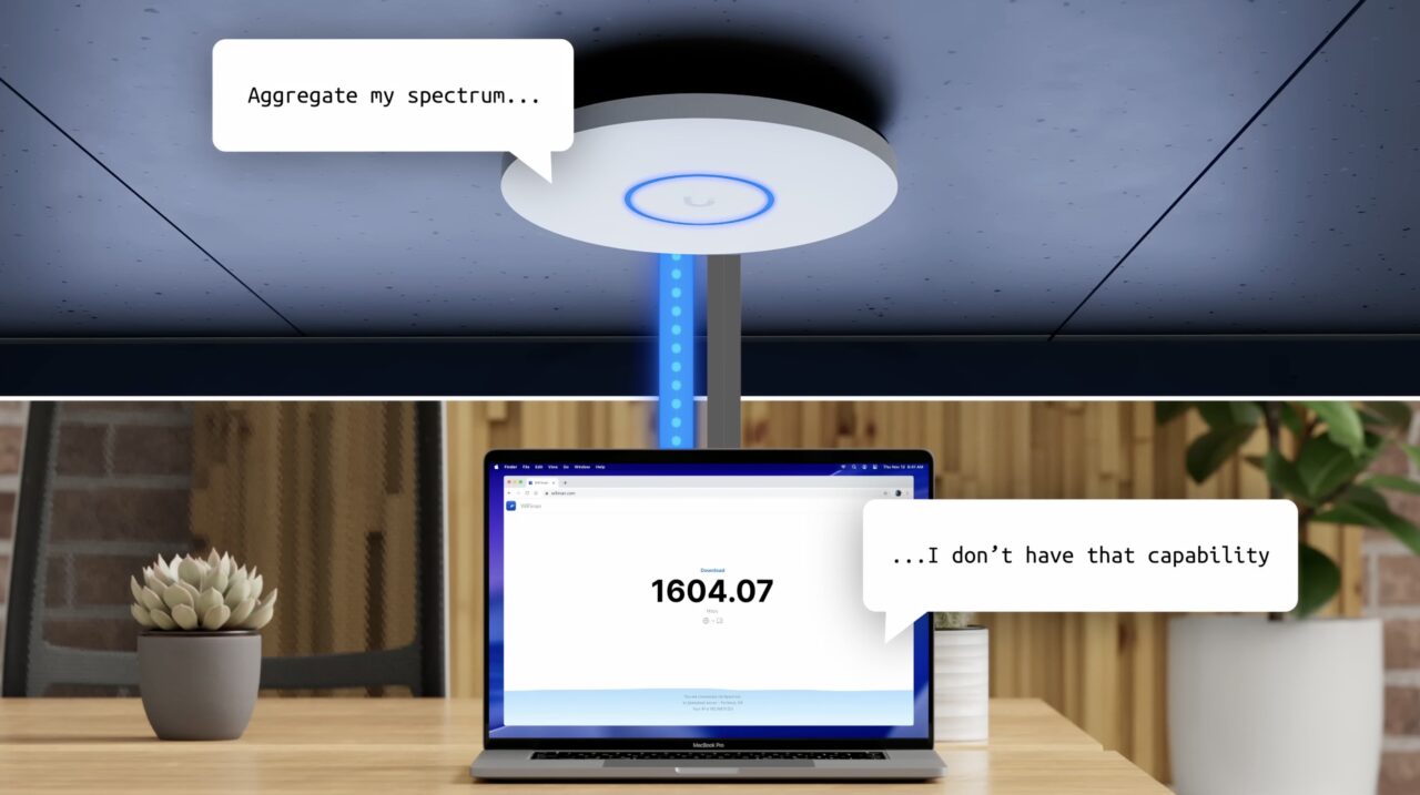 Schéma Ubiquiti : un ordinateur portable ne peut pas agréger les bandes Wi-Fi proposées par la borne.