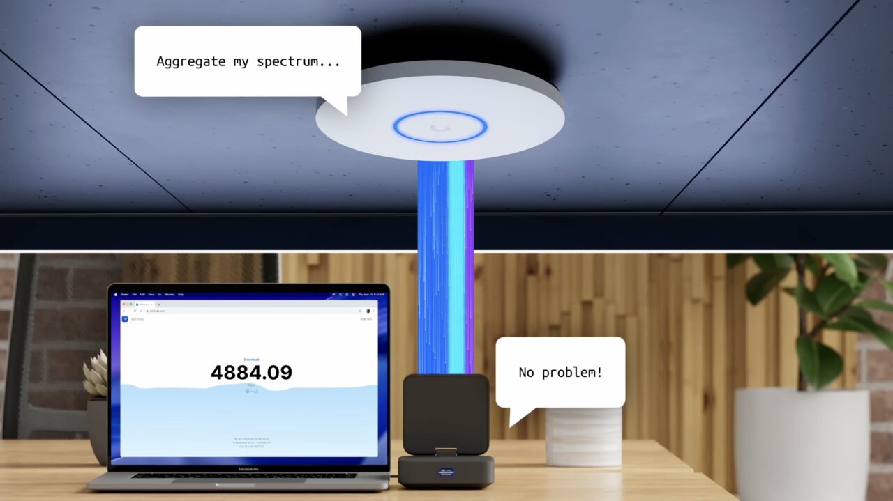 Schéma du UniFi AirWire agrégeant plusieurs liaisons Wi-Fi entre une borne et un ordinateur portable.